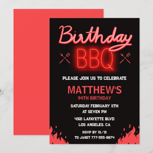 Invitation Barbecue de jardin noir pour 94 ans (Devant / Derrière)