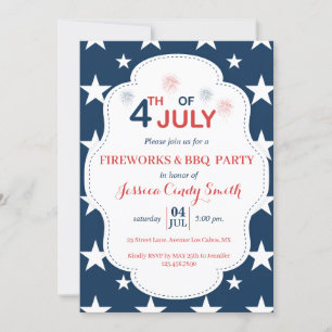 Invitation Barbecue moderne 4 juillet feux d'artifice Stars