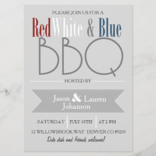 Invitation Barbecue rouge moderne blanc et bleu   4 JUILLET