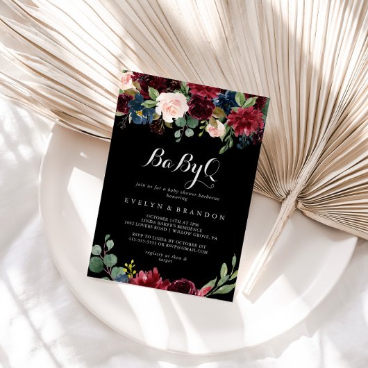 Invitation Barbecue Rustique Black Botanical BabyQ Baby showe