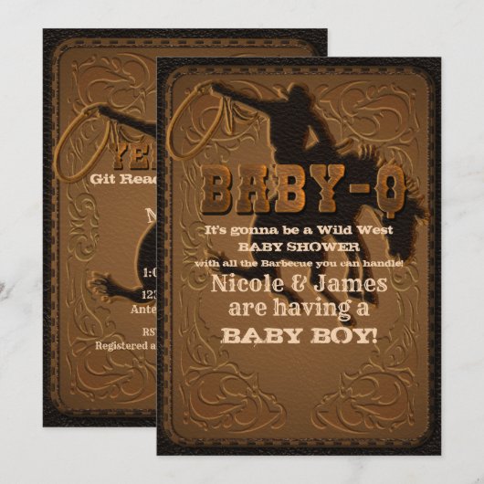 Invitation Barbecue Western Wild West Cowboy BABY-Q DOUCHE BB (Devant / Derrière)
