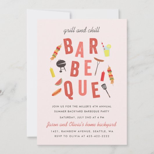 Invitation Barbeque Chill and Grill fête Rose (Devant)