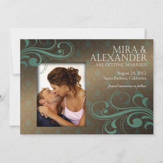 Invitation Barbizon Damask Scroll - brun|Mariage turquoise (Devant)