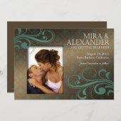 Invitation Barbizon Damask Scroll - brun|Mariage turquoise (Devant / Derrière)