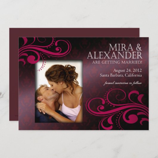 Invitation Barbizon Damask Scroll - eggplant|magenta Mariage (Devant / Derrière)