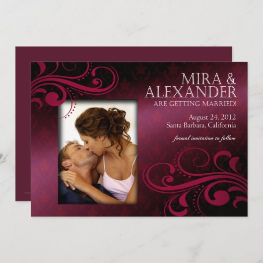 Invitation Barbizon Damask Scroll - fuschia|magenta Mariage (Devant / Derrière)