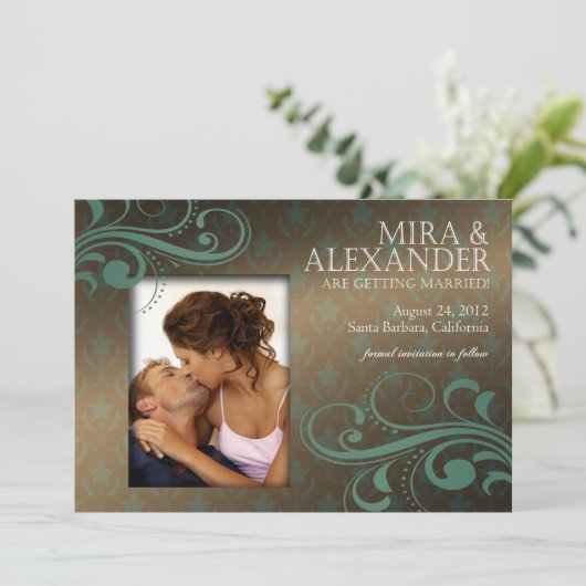 Invitation Barbizon Damask Scroll - marron| sarcelle Mariage (Debout devant)