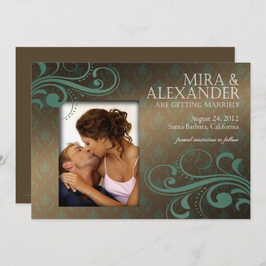 Invitation Barbizon Damask Scroll - marron|teal Faire part de (Devant / Derrière)