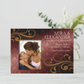 Invitation Barbizon Damask Scroll - rose foncé|or Mariage (Debout devant)