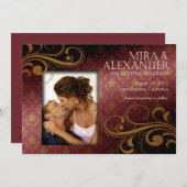 Invitation Barbizon Damask Scroll - rose foncé|or Mariage (Devant / Derrière)