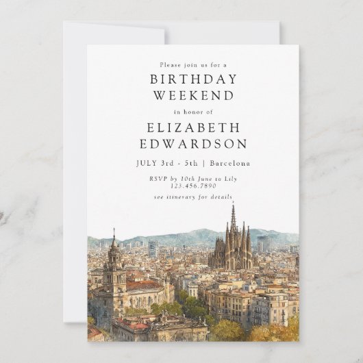 Invitation Barcelona Skyline Watercolor Birthday Weekend (Devant)