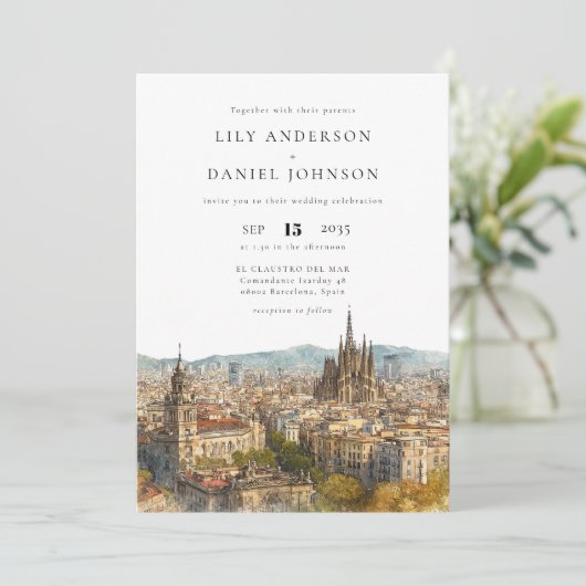 Invitation Barcelona Watercolor QR Code Wedding (Debout devant)