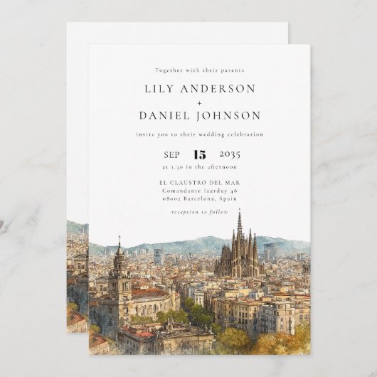 Invitation Barcelona Watercolor QR Code Wedding (Devant / Derrière)