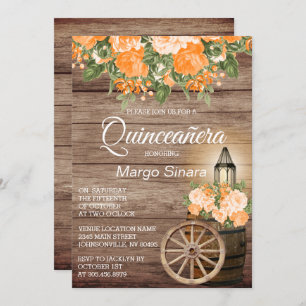 Invitation Baril de bois Quinceañera et fleurs orange