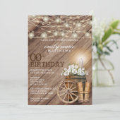 Invitation Baril de bois rustique et floral blanc 00e anniver (Debout devant)