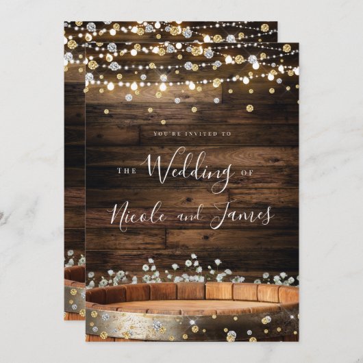 Invitation Baril de bois rustique et lumières Mariage de verr (Devant / Derrière)
