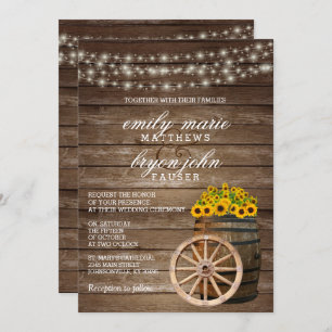 Invitation Baril de bois rustique et Mariage de tournesol