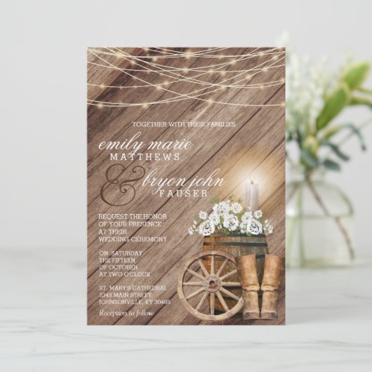 Invitation Baril rustique en bois et lumières à cordes (Debout devant)