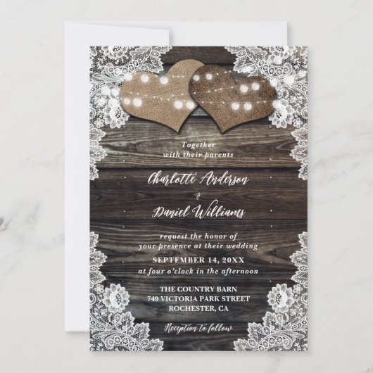 Invitation Barn Bois Chaîne Lumières Burlap Coeurs Mariage (Devant)