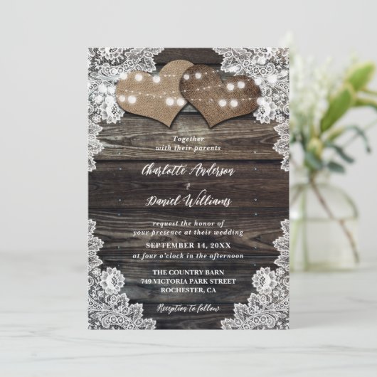 Invitation Barn Bois Chaîne Lumières Burlap Coeurs Mariage (Debout devant)