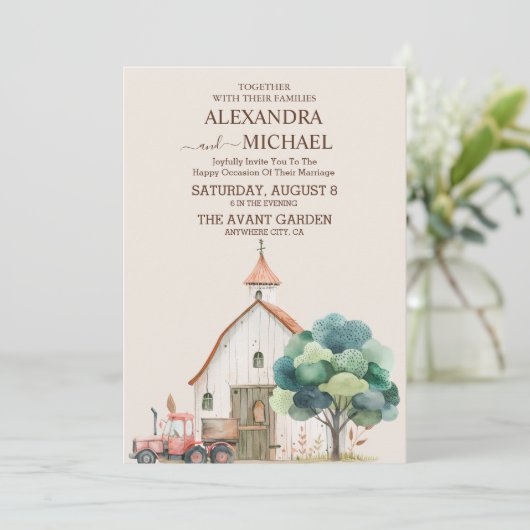 Invitation Barn Cottage Mariage vert (Debout devant)