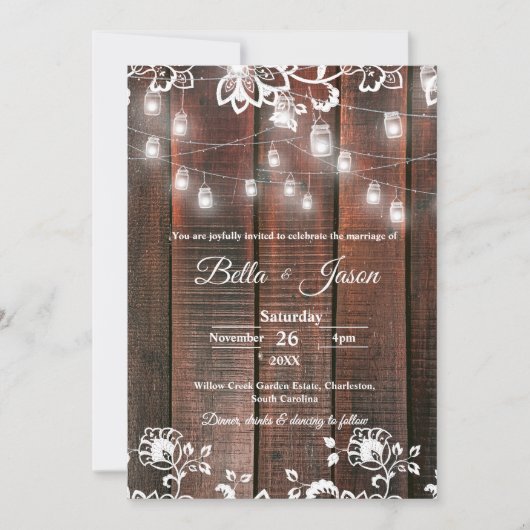 Invitation Barn Lace Rustic Wood String Light Country Wedding (Devant)