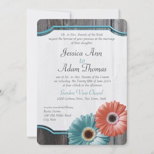 Invitation Barn Wood Daisy Coral et Aqua (Devant)