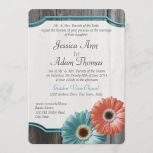 Invitation Barn Wood Daisy Coral et Aqua