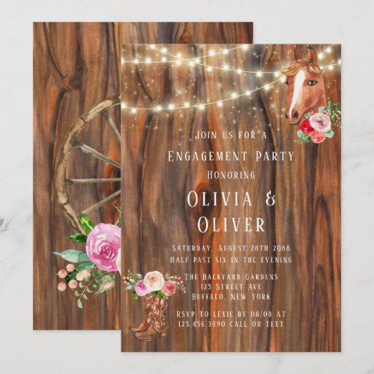 Invitation Barn Wood Lights Boots Horse Engagement Party (Devant / Derrière)