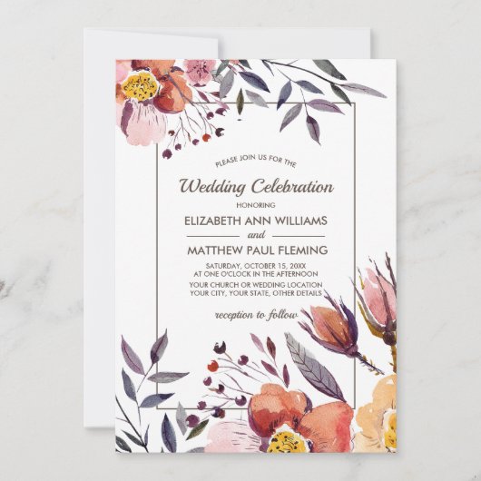 Invitation Barn Wood | Mariage d'aquarelle des fleurs d'autom (Devant)
