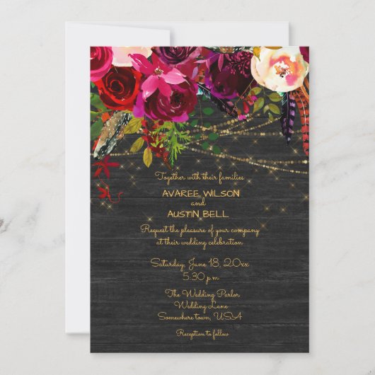 Invitation Barnboard noir Bourgogne Fleurs Boho (Devant)