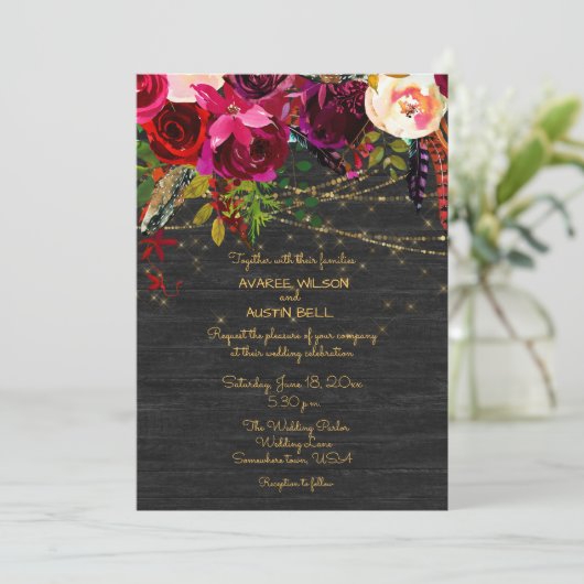 Invitation Barnboard noir Bourgogne Fleurs Boho (Debout devant)