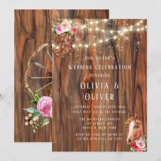 Invitation Barne Bois Lights Boots Horse Wagon Wheel Mariage (Devant / Derrière)