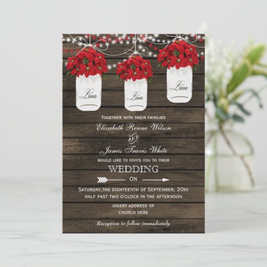 Invitation Barne bois poinsettias mason jarre mariage rustiqu (Debout devant)