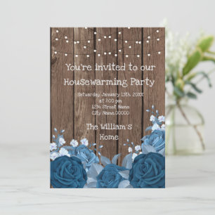 Invitation Barne Bois Rustique Bouquet Bleu Fête de chauffage