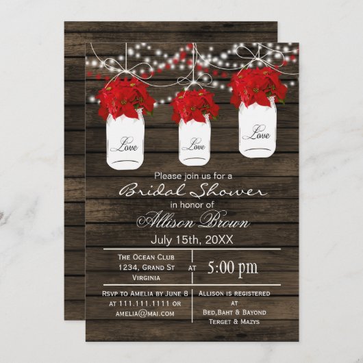 Invitation Barne en bois poinsettias mason jar nuptiale (Devant / Derrière)