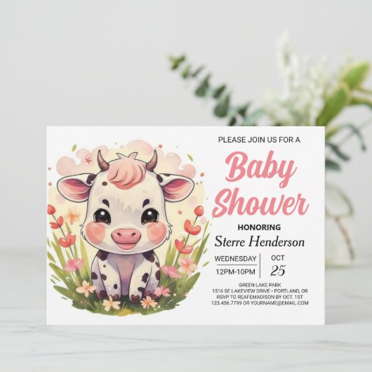 Invitation Barne Printable Baby shower de vache Pastel (Debout devant)