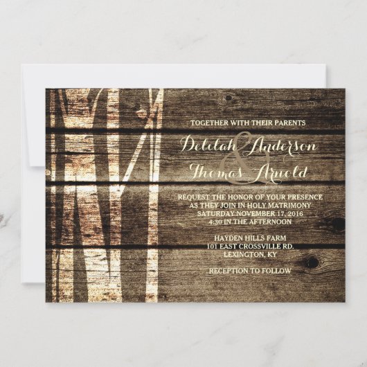 Invitation Barne rustique Bois bouleau Arbres d'hiver Mariage (Devant)
