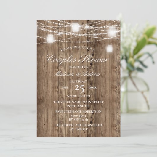 Invitation Barne rustique Bois String de lumières Couples Dou (Debout devant)