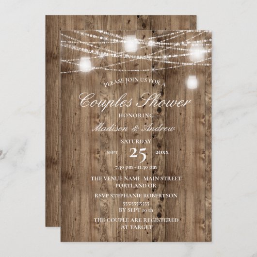 Invitation Barne rustique Bois String de lumières Couples Dou (Devant / Derrière)