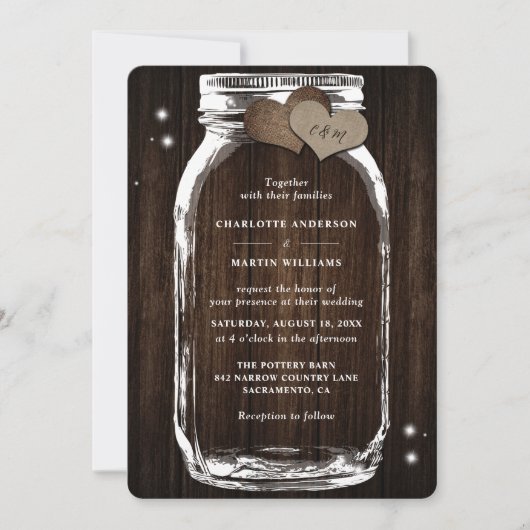 Invitation Barne Wood Mason Jar Mariage campagnard rustique (Devant)