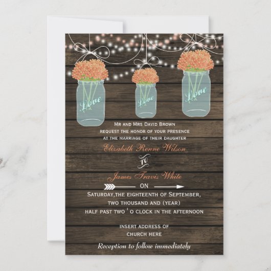 Invitation Barnwood, corail mason pot mariage invite (Devant)