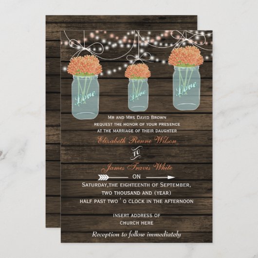 Invitation Barnwood, corail mason pot mariage invite (Devant / Derrière)
