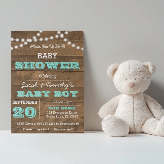 Invitation Barnwood Lights Aqua Baby shower