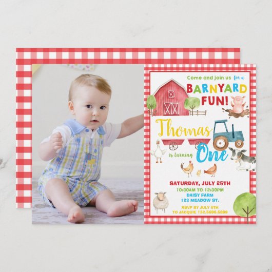 Invitation Barnyard 1er anniversaire fête mignonne ferme (Devant / Derrière)