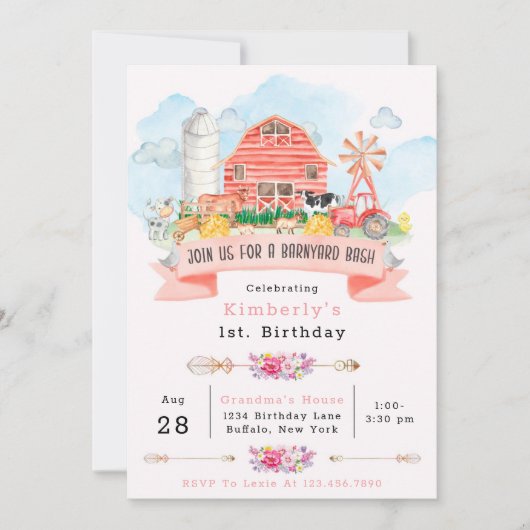 Invitation Barnyard Bash Farm Animaux 1er. Anniversaire Fête  (Devant)