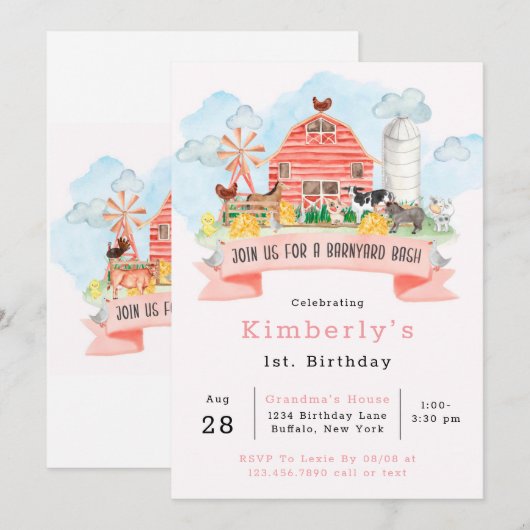 Invitation Barnyard Bash Farm Animaux 1er. Anniversaire Fête  (Devant / Derrière)