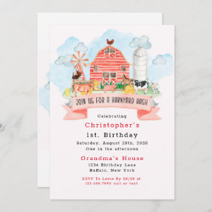 Invitation Barnyard Bash Farm Animaux 1er fête d'anniversaire