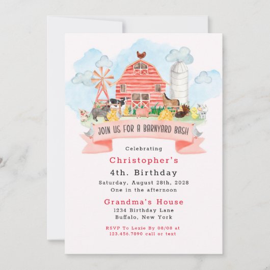 Invitation Barnyard Bash Farm Animaux 4e fête d'anniversaire (Devant)