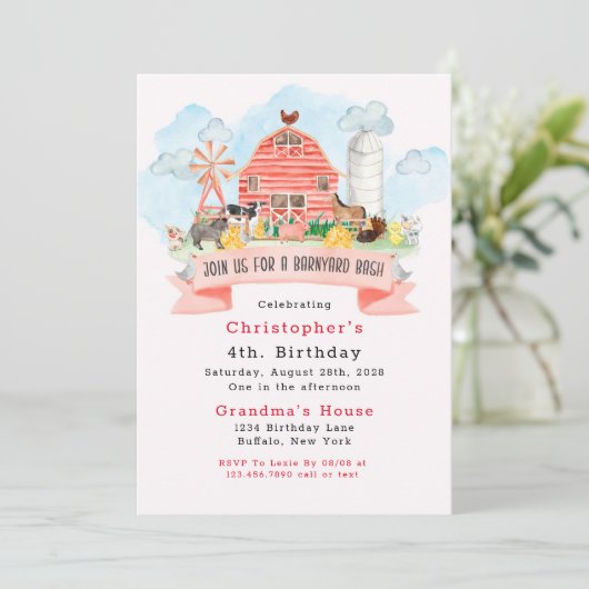 Invitation Barnyard Bash Farm Animaux 4e fête d'anniversaire (Debout devant)
